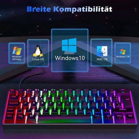 Compact 60 Percent Mechanical Gaming Keyboard Featuring Silky Linear Red Switches And Detachable Type C Cable Built For Sick Desk Setups And Lightweight Travel Rigs PC PS5 PS4 Black with RGB lighting and compatibility icons.
