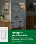 Maestro LED Plus Dimmer Switch perfect for night-time use, shown in hallways, bathrooms, and bedrooms, white 6-pack, MACL-153M-WH.