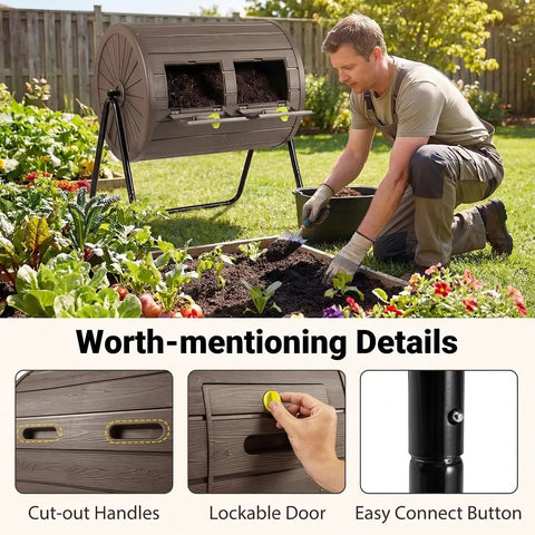 Dual Chamber Compost Bin With 360 Degree Rotating Tumbler 37.5 Gallon Outdoor Bin On Sturdy Metal Stand Lockable Doors BPA Free Plastic Ideal For Kitchen Garden And Yard Waste