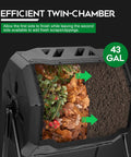Large 43 Gallon Dual Chamber Compost Bin With Rotating Tumbler For Outdoor Use And Sliding Doors Heavy Duty Steel Frame BPA Free PP Construction Easy Kitchen Scraps Recycling For Backyard Gardens Bundle With Pearsons Gardening Gloves showing dual chamber with compost.