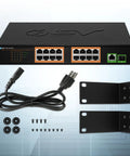 High Power PoE Plus 16 Port Switch With 120W Budget, 1 Gigabit Uplink And 1 SFP Uplink, 19 Inch Rackmount Desktop Design with accessories