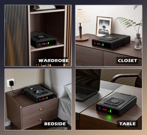 Biometric Gun Safe With Wireless Charging, 3 Quick Access Fingerprint Money Boxes in bedside drawer and table with digital clock
