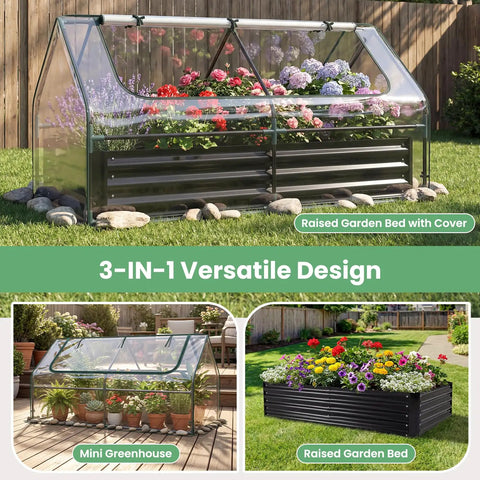 Metal Raised Garden Bed With Cover And Mini Greenhouse For Outdoor Planter Boxes Two Roll Up Windows Open Ended Base Backyard Veggie Growing Bed Weatherproof Black 72 By 36 By 37 Inches