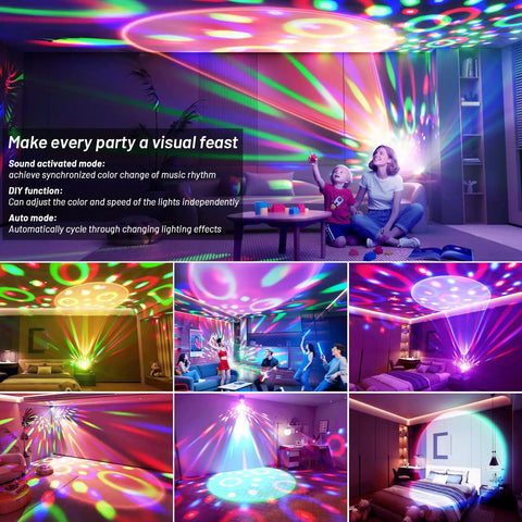Disco Ball Party Lights 5 In 1 Sunset Light System illuminating room with RGB sunset colors and UV blacklight effects.