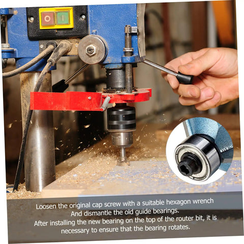 One Set Top Mounted Router Bit Bearing Replacement Kit With Ball Bearing Guides setup on woodworking router.