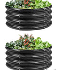 Two Pack Round Galvanized Raised Garden Bed Kit 2 Ft By 2 Ft By 1 Ft With Tool Free Assembly For Vegetables Fruits Flowers And Herbs Outdoor Black Metal Planter Bed, showing two black round planter beds filled with plants, and a pair of protective gloves.