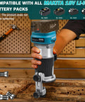 Heavy Duty Cordless Palm Router Built Tough For Job Site Woodworking Runs Buttery Smooth With Quick Makita 18V Battery Swap And Zero Tangled Cord Hassle in use with adjustable guide.