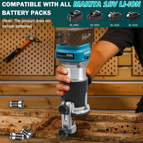 Heavy Duty Cordless Palm Router Built Tough For Job Site Woodworking Runs Buttery Smooth With Quick Makita 18V Battery Swap And Zero Tangled Cord Hassle in use with adjustable guide.