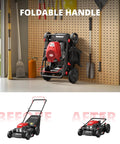 21 Inch Gas Push Lawn Mower With Mulching Bagging And Side Discharge 144cc 4 Stroke OHV Engine shown folded on garage wall
