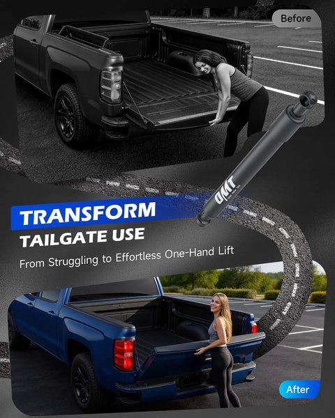 Heavy Duty Tailgate Shock Assist Kit Compatible With 04 To 14 Ford F150 And 06 To 08 Lincoln Mark LT shown in use on a pickup truck.