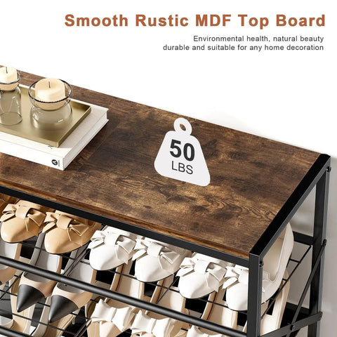 Close-up of 8-Tier Tall Shoe Rack Organizer For Entryway And Closet with rustic brown wood top and metal frame, fits 24-32 pairs.