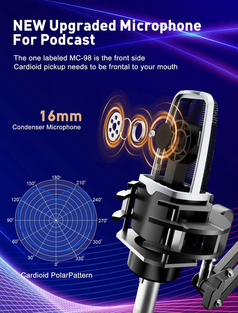 Detailed view of 16mm condenser microphone in the All In One Podcast Studio Kit With USB Audio Interface And Condenser Microphone For Smartphone And PC Perfect For Streaming Singing YouTube And Gaming Setup, showing cardioid polar pattern.