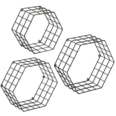 Matte Black Hexagonal Wire Mesh Floating Shelves Set Of 3 Wall Mounted Display Rack For Bedroom Or Office Legit Heavy Duty Storage For Books Plants And Collectibles That Totally Slaps With Modern Vibes