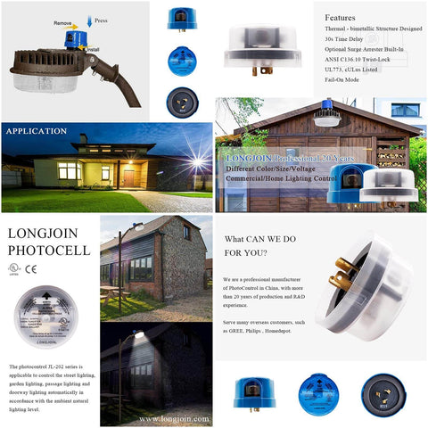 Collage featuring Twist Lock Photocontrol with Time Delay for Outdoor Lighting, shown installed in barn, post, and street light scenarios.