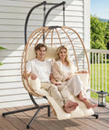 Two Person Egg Chair With Adjustable Footrest And Stand For Outdoor And Indoor Use Rattan Hammock Swing Loveseat With Cushions And Headrests