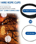 Image shows 1/16 inch plastic covered cable and 1/16 inch wire rope for outdoor lighting and M2 wire rope clips.