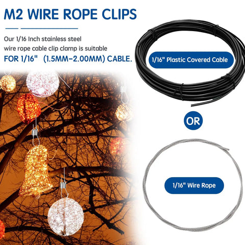 Image shows 1/16 inch plastic covered cable and 1/16 inch wire rope for outdoor lighting and M2 wire rope clips.