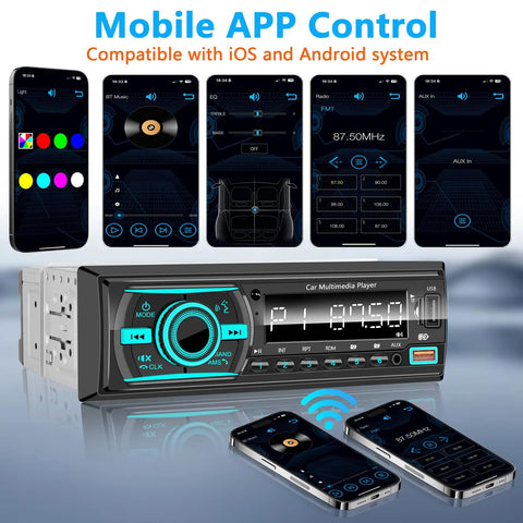 Bluetooth Single Din Car Stereo With Hands Free Calling, app-controlled interface, smartphones, vibrant LED display.