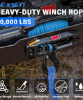 Heavy Duty Synthetic Winch Rope Kit 1/4 Inch By 50 Foot 10,000 Pounds Break Strength For ATV UTV Off Road Vehicles With Forged Hook Rubber Stopper Protective Sleeve And Safety Pull Strap Blue on winch drum