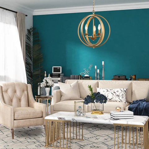 Gold Orb Pendant Light 3 Light Modern Fixture With Open Globe Metal Frame And Soft Gold Finish in elegant living room setting