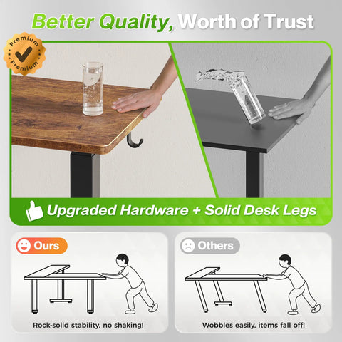 Comparison of stable L Shaped Standing Desk With Power Outlets and unstable desk, showing glass stability on desk surfaces