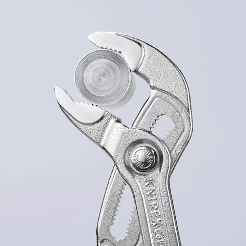 Cobra Pliers With One Hand Quick Adjust Pinch Guard 27 Position Fine Adjustment Hardened Teeth And Secure Locking Catch gripping a bolt