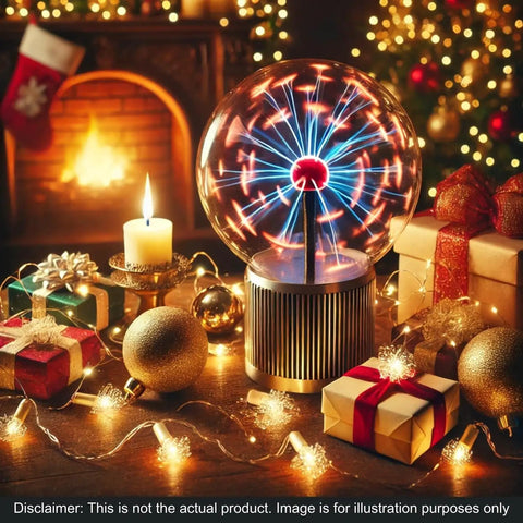 8 Inch Heart Shaped Touch And Sound Sensitive Plasma Lamp Globe For Home And Office Decor A Gift For Curious Minds displayed on decorated holiday table with gifts
