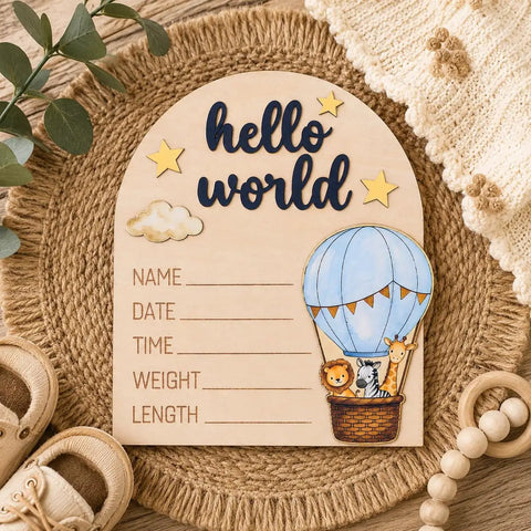 Hot Air Balloon Arch Birth Announcement Sign With 3D Hello World Text And Safari Animal Passengers Baby Name Plaque