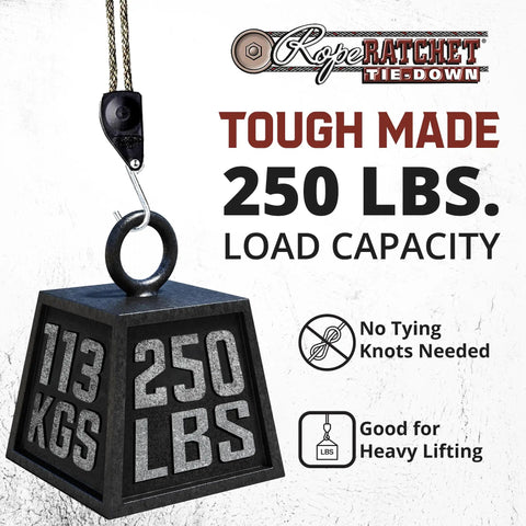 Beefed-Up Three Eighths Inch Braided Rope Block And Tackle System With Heavy Duty Pulley Hoist, 250 Lb Capacity weight illustration