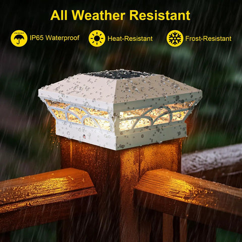 Solar Post Cap Lights 6 Pack For Wood And Vinyl Posts 3.5x3.5 To 5.5x5.5 Outdoor Waterproof Fence Deck Lighting installed in rain