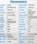 Parameters chart for handheld digital oscilloscope kit with 3.2-inch display, 2 channel input, 120MHz bandwidth, and DDS signal generator.