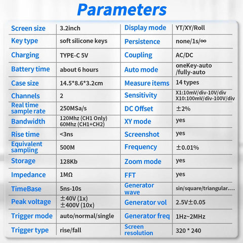 Parameters chart for handheld digital oscilloscope kit with 3.2-inch display, 2 channel input, 120MHz bandwidth, and DDS signal generator.