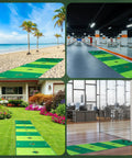 Indoor Outdoor Golf Putting Mat Set For Office And Backyard Dope Practice Game With Color Target Circles in various settings