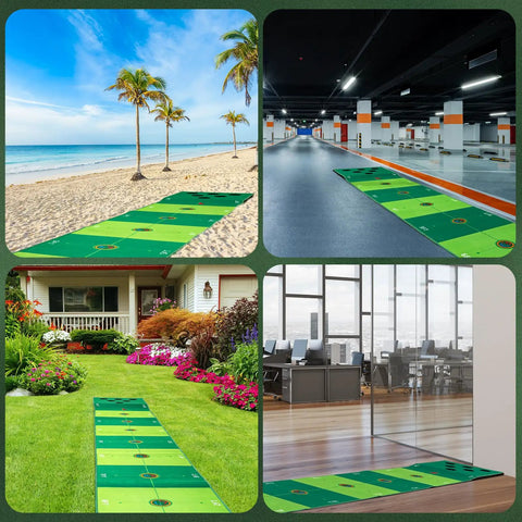 Indoor Outdoor Golf Putting Mat Set For Office And Backyard Dope Practice Game With Color Target Circles in various settings