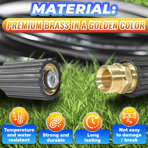 Go To Quick Connect Pressure Washer Hose Adapter M22 14mm Brass Fitting 4500 PSI on grass showcasing gold color and durability