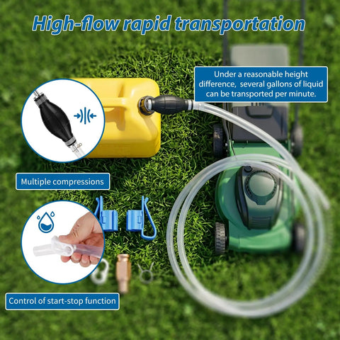 Portable Manual Gas Transfer Pump With Five Eighth Inch High Flow Siphon Hose And Dual PVC Hoses For Quick Gas And Water Transfer, Easy Hand Pump Sucker Tool For Fast Liquid Transfer, shown with hoses and clamps