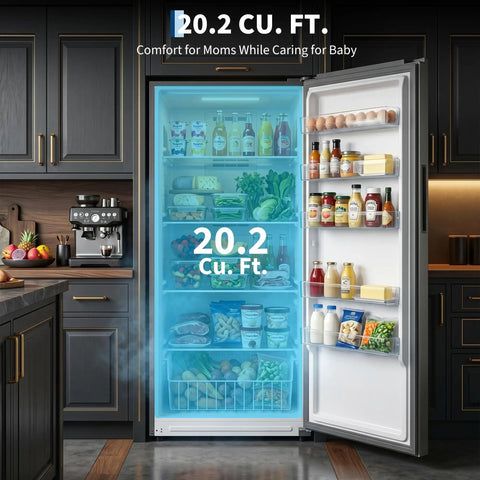 Frost Free Upright Freezer Single Door Stand Up 20 Cubic Feet for Bulk Storage and Frozen Meals in a kitchen setting.