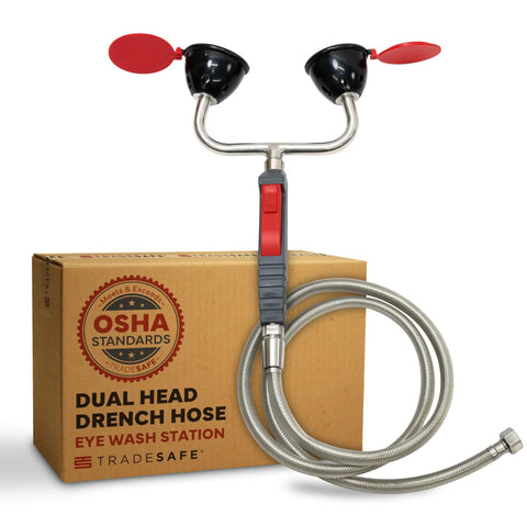 Go To Heavy Duty Eye Wash Station With Dual Head Drench Hose For Emergency Use, Wall And Deck Mounted, OSHA ANSI Compliant