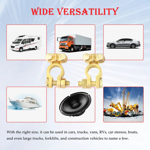 Heavy Duty Brass Battery Terminals Positive And Negative Hella Durable Universal Fit For Truck Boat Car with various vehicle backgrounds.