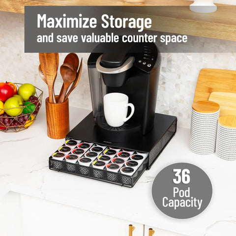 36 Pod Single Serve Coffee Pod Drawer Organizer For Your Countertop With Removable Dividers, Metal Build With A Slick Black Finish