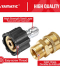 Front view of two-piece YAMATIC pressure washer adapter set showing black plastic quick-connect nut and brass M22 to 3/8 in fittings.