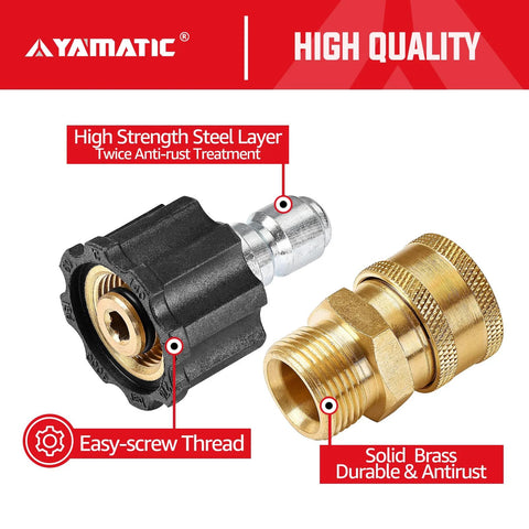Front view of two-piece YAMATIC pressure washer adapter set showing black plastic quick-connect nut and brass M22 to 3/8 in fittings.