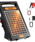 All Day Solar Electric Fence Charger with 0.18J pulse, portable solar energizer for livestock, rechargeable with accessories shown