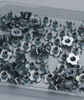 Quarter Inch By Twenty Thread Four Pronged Tee Nuts 100 Pack Zinc Plated Steel for woodworking projects in plastic box