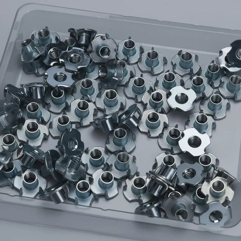 Quarter Inch By Twenty Thread Four Pronged Tee Nuts 100 Pack Zinc Plated Steel for woodworking projects in plastic box