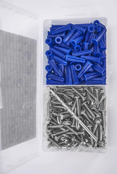 Blue Bantam Plastic Conical Drywall Wall Anchor Kit With Screws And Drill Bit 201 Piece Set in a clear plastic box