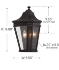 Cotswold Lane Outdoor Wall Pocket Sconce Black Two Light Exterior Fixture Delivers Classic Outdoor Glow With 10 Inch Wide By 16 Inch Tall Aluminum UL Listed For Wet Or Damp Locations 120 Watts Total showing front view with dimensions.