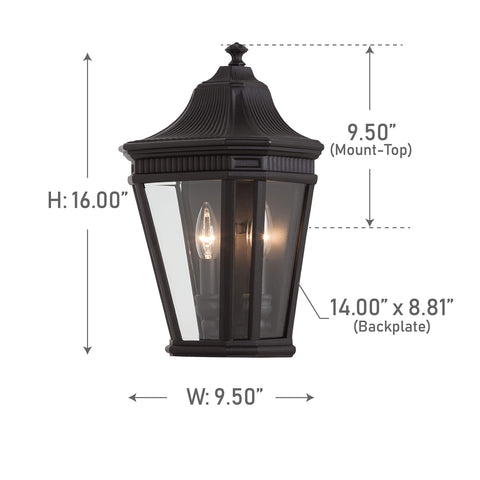 Cotswold Lane Outdoor Wall Pocket Sconce Black Two Light Exterior Fixture Delivers Classic Outdoor Glow With 10 Inch Wide By 16 Inch Tall Aluminum UL Listed For Wet Or Damp Locations 120 Watts Total showing front view with dimensions.