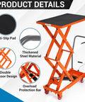 Heavy Duty Hydraulic Lift Table Cart with anti-slip pad and thickened steel material, designed for garage hauls and shop work.