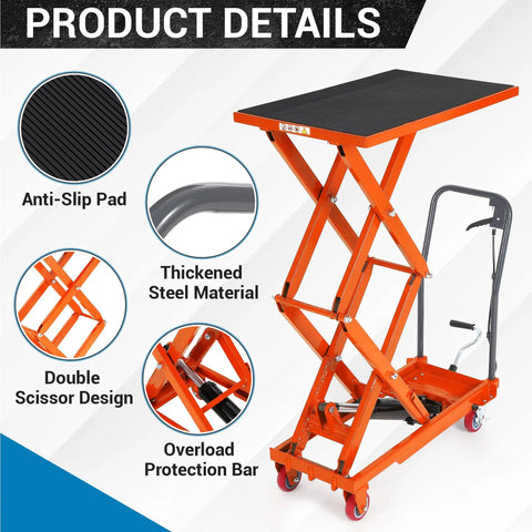 Heavy Duty Hydraulic Lift Table Cart with anti-slip pad and thickened steel material, designed for garage hauls and shop work.